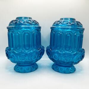 Vintage Pair LE Smith Blue Moon and Stars Fairy Lamp Candle Tea Light Holders